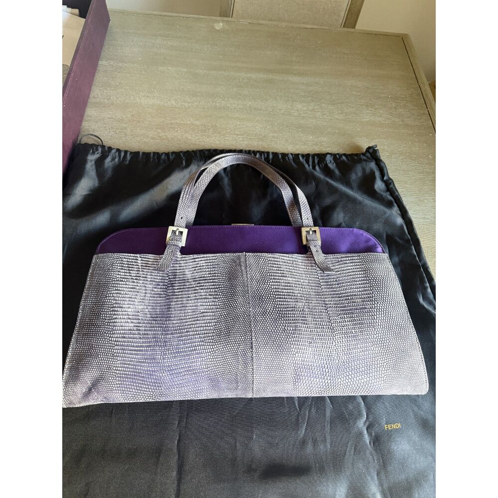 Vintage Fendi Purple Lizard-Embossed Leather & Satin Frame Tote Bag